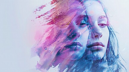 Wall Mural - double exposure of abstract watercolor brush strokes in pastel colors blending with an abstract fema