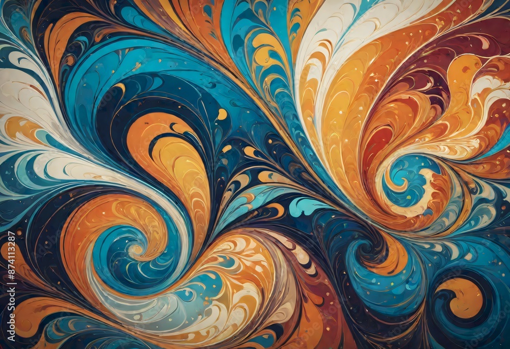 Vibrant abstract painting featuring swirling patterns in shades of blue ...