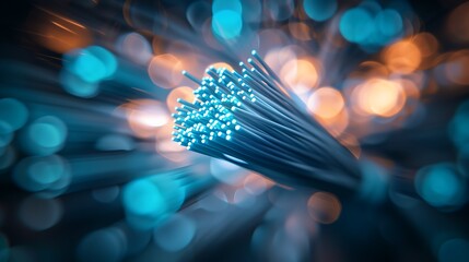 close-up of fiber optic cables with glowing blue light against blurred background