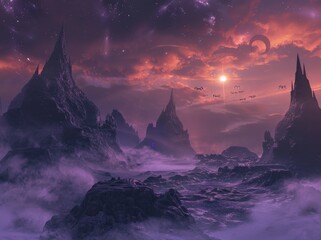 Wall Mural - the landscape of a distant world with futuristic aircraft