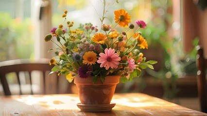 Poster - A vibrant combination of foraged flowers beautifully arranged in a terra cotta pot adding a touch of warmth to the dining room.