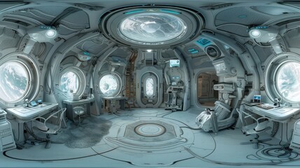 Wall Mural - 3d illustration of modern futuristic technology station space ship sci-fi laboratory on a 360 degree