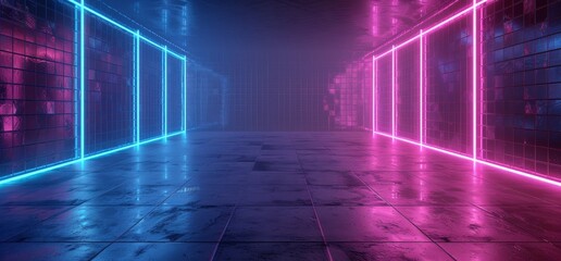 Canvas Print - Cybertron Neon Neon Purple Blue Glowing Command Room With Tv Wall Old Monitors Hangar Garage Studio Cement Concrete Grunge Floor Spaceship 3D rendering