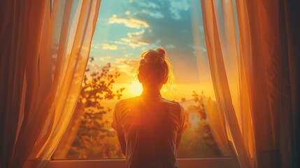 Poster - Woman opening curtains to sunrise