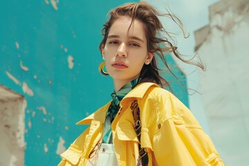 Poster - Stylish female model poses confidently with a turquoise backdrop, showcasing urban fashion