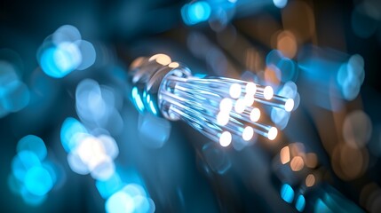 close-up of fiber optic cables with glowing blue light against blurred background