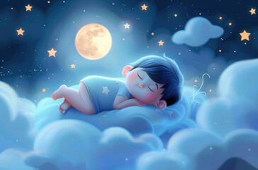 Wall Mural - cartoon baby sleeping on a cloud with moonlight in the background