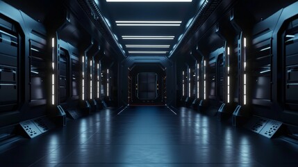 Wall Mural - space ship corridor with metallic walls. 3d rendering.