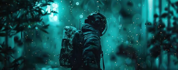 Poster - Cyberpunk figure with a glass backpack and oxygen tree. Futuristic and eco-friendly concept.