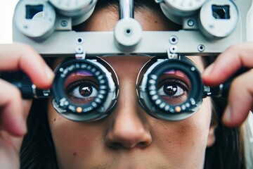 Poster - Closeup view of a woman looking through a phoropter during an eye test