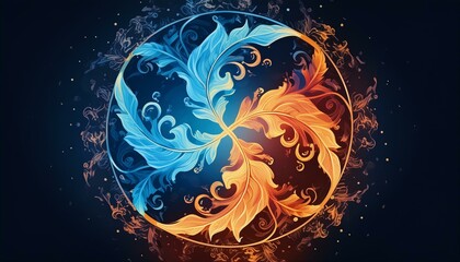 Wall Mural - magic of the world, earth and fire, wallpaper background with a fire, The four elements of nature in a breathtaking creative design. All four elements forming a circular shape. Earth, wind, fire, air