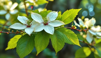 Poster - White Flower with Green Leaves.