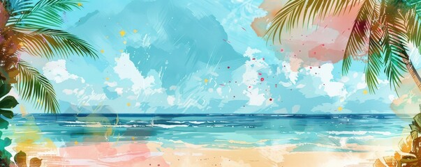 Wall Mural - A beach scene with palm trees and a blue ocean. Free copy space for text.