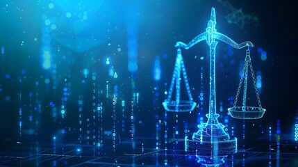 Digital scales of justice on a futuristic blue digital background with binary code and data stream elements