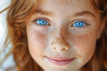 Canvas Print - Close-up portrait of a young girl with blue eyes and freckles