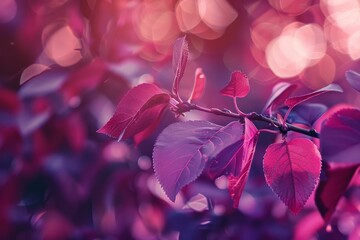 Wall Mural - Close up of red leaves under a soft, glowing light with a bokeh background