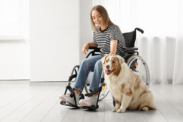 Poster - Young woman in wheelchair with service dog indoors