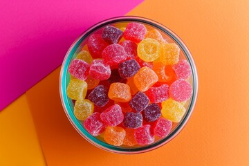 Sticker - Colorful Jelly Candy in a Bowl on a Vibrant Background