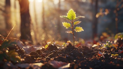 Poster - AI generated Young tree seedling in the wood in the morning light. 