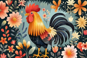 Poster - Vibrant Rooster in Floral Setting