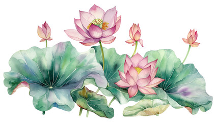 Wall Mural - Lotus flower and leaves isolated on white background