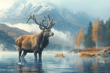 Canvas Print - Majestic Stag in Misty Mountain Landscape