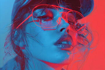 Poster - Neon Lights and Glamour: A Digital Illustration of a Woman in Glasses