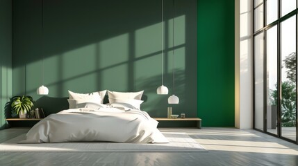 Poster - A modern bedroom with a white bed, green walls, and large windows letting in natural light. The room features bedside tables and simple pendant lights.