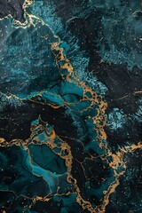 Wall Mural - Burnished gold and deep aqua inks creating a luxurious abstract pattern on a black surface