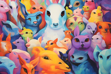 Wall Mural - Colorful Animal Illustration with Blue Rabbit in the Center