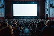© Yi - Large empty white screen in the middle of an audience at a movie theater, with a web banner and copy space on the right, symbolizing entertainment and advertising opportunities.
