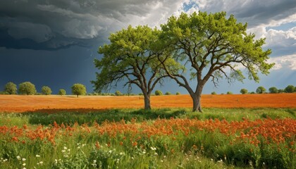 Two Trees in a Meadow Under a Stormy Sky.