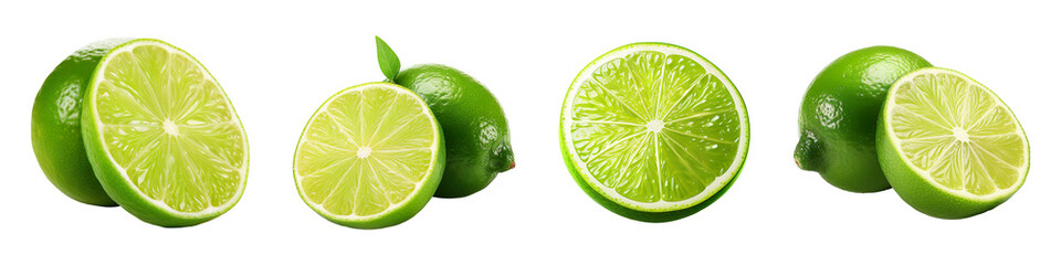 Collection of fresh green lime half slices isolated on transparent background