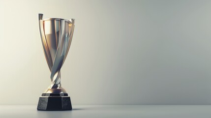 Golden trophy shining brightly, symbolizing achievement and victory, on grey background. Prestigious reward for winning first place. 3D rendering.