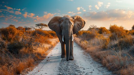 Canvas Print - Elephant Walking on a Dirt Road in Africa