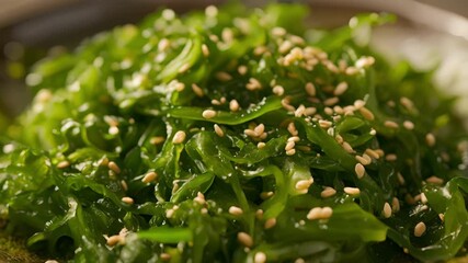 Poster - A vibrant green seaweed salad tossed in a light sesame ginger dressing and sprinkled with sesame seeds.