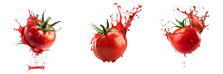 Wall Mural - Set of fresh tomato in a vibrant red sauce splash, captured mid-air, isolated on a transparent background