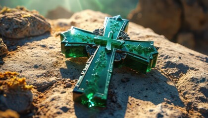 Wall Mural - Green Glass Cross On A Rock.