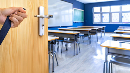 Sticker - Close-up of a hand holding a backpack strap, ready to enter a classroom. Blurred view of the classroom interior in the background. Empty space in the lower left corner for text.