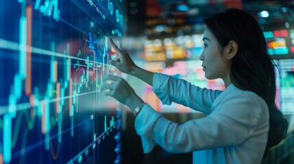 Aufkleber - A businesswoman pointing at a stock market graph on a large screen, highlighting important trends.