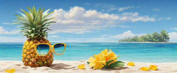 Funny pineapple wearing sunglasses on the white sand idyllic beach, tropical island paradise