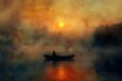 © anatolir - Tranquil and serene sunset fishing scene with a lone fisherman in a boat on a misty. Calm lake. Surrounded by the warm. Glowing colors of the evening sky