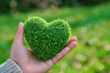 Green Love. Heart-shaped Green Grass Ball Held in Hand, Eco-friendly Concept for Nature Care and Sustainable World