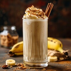 Wall Mural - Creamy banana milkshake flavored with cinnamon, topped with peanut butter and cinnamon in a glass on rustic background.