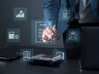 © MrPanya - Businessman using laptop screen with calculator on invoice icon on virtual screen, concept of invoice and online digital budget