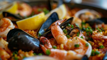 Poster - A close-up of a seafood paella with shrimp, mussels, clams, and squid, garnished with lemon wedges.