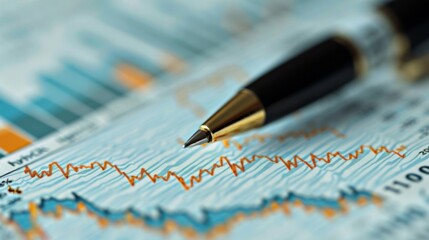 Aufkleber - A close-up of a stock market graph printed on a financial report with a pen highlighting key points.