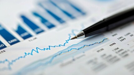 Aufkleber - A close-up of a stock market graph printed on a financial report with a pen highlighting key points.