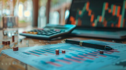 Poster - A close-up of financial graphs and charts on a desk, with a calculator and pen nearby.