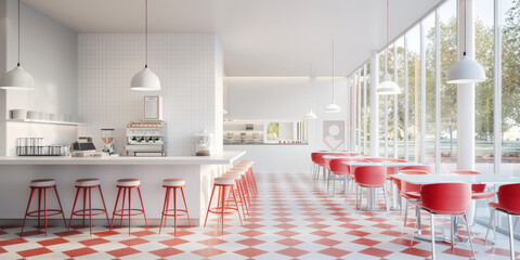 A restaurant with red and white checkered floors and red chairs by AI generated image